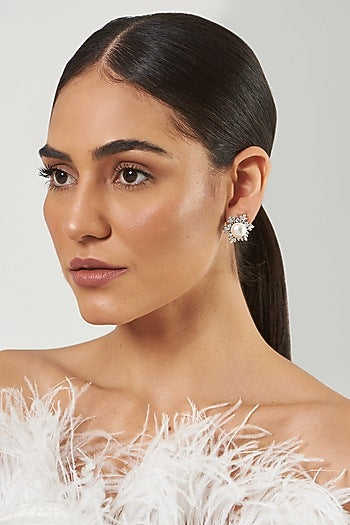 White Finish Faux Diamond & Pearl Stud Earrings