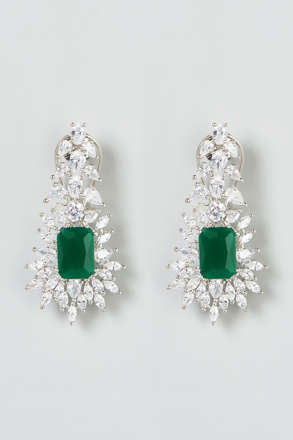 White Finish Zircon & Green Stone Dangler Earrings