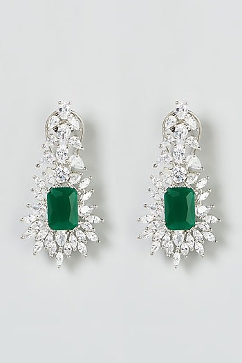 White Finish Zircon & Green Stone Dangler Earrings