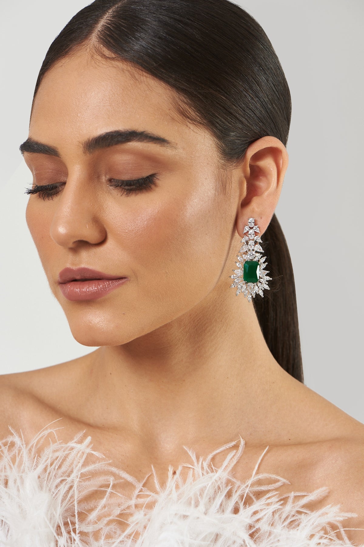 White Finish Zircon & Green Stone Dangler Earrings