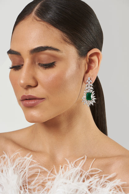 White Finish Zircon & Green Stone Dangler Earrings
