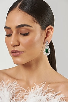 White Finish Zircon & Green Stone Dangler Earrings