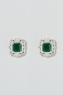 White Finish Green Stone & Zircon Stud Earrings