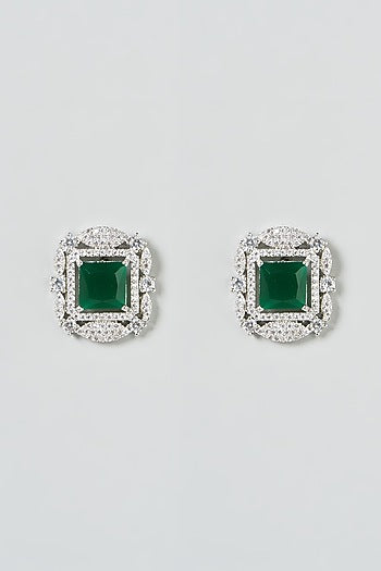 White Finish Green Stone & Zircon Stud Earrings