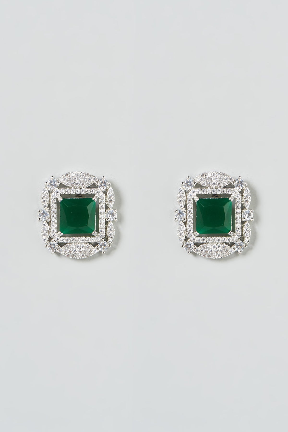 White Finish Green Stone & Zircon Stud Earrings