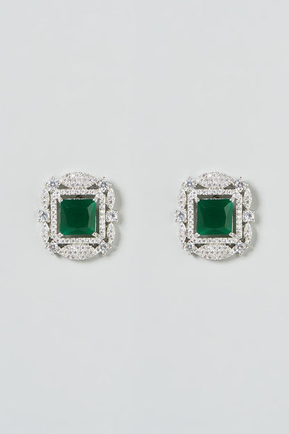 White Finish Green Stone & Zircon Stud Earrings