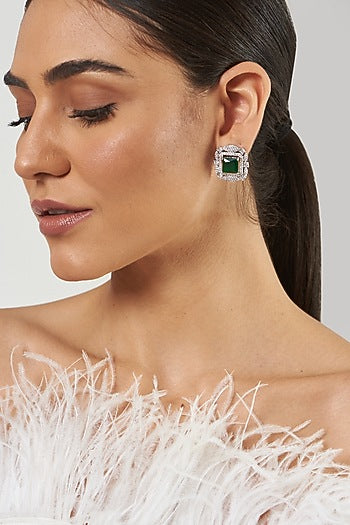 White Finish Green Stone & Zircon Stud Earrings