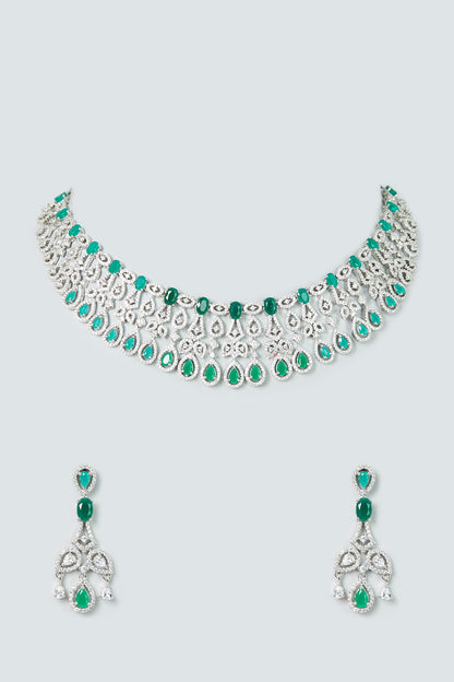 White Finish Emerald Synthetic Stones Necklace Set