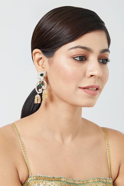 Gold Finish Zircon & Emerald Synthetic Stone Dangler Earrings