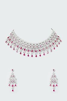 White Finish Zircong & Ruby Synthetic Stone Necklace Set