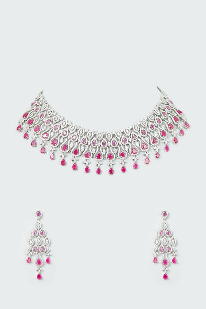 White Finish Zircong & Ruby Synthetic Stone Necklace Set