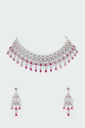 White Finish Zircong & Ruby Synthetic Stone Necklace Set