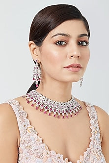 White Finish Zircong & Ruby Synthetic Stone Necklace Set