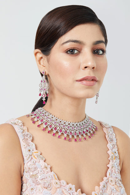 White Finish Zircong & Ruby Synthetic Stone Necklace Set