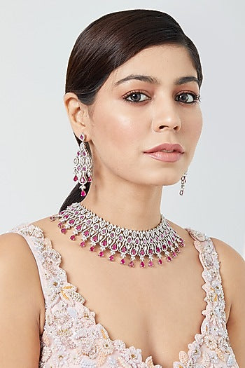 White Finish Zircong & Ruby Synthetic Stone Necklace Set
