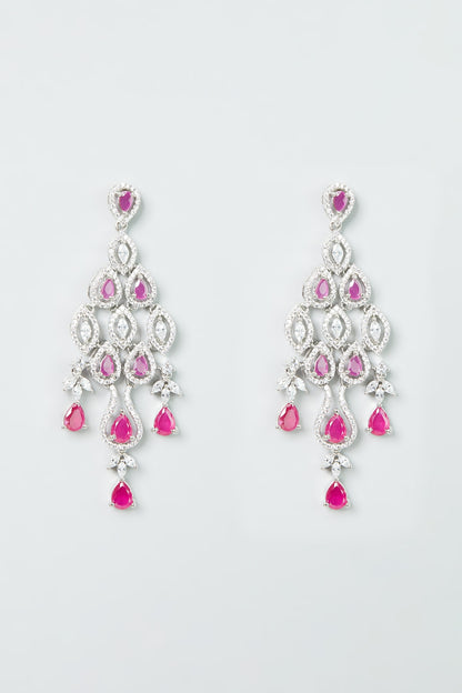 White Finish Zircong & Ruby Synthetic Stone Necklace Set