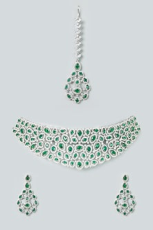 White Finish Zircon & Emerald Synthetic Stone Necklace Set