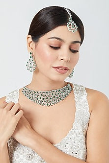 White Finish Zircon & Emerald Synthetic Stone Necklace Set