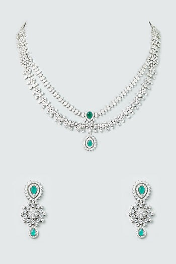 White Finish Zircon & Emerald Stone Layered Necklace Set
