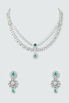 White Finish Zircon & Emerald Stone Layered Necklace Set