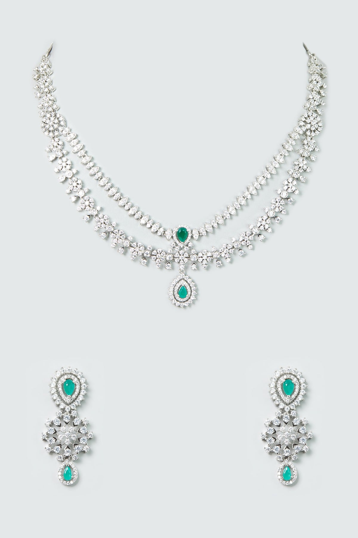 White Finish Zircon & Emerald Stone Layered Necklace Set