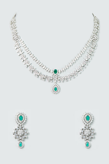White Finish Zircon & Emerald Stone Layered Necklace Set