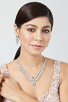White Finish Zircon & Emerald Stone Layered Necklace Set