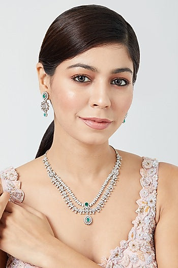 White Finish Zircon & Emerald Stone Layered Necklace Set