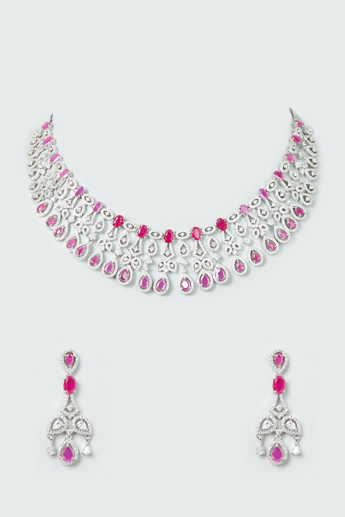 White Finish Zircon & Ruby Synthetic Stone Necklace Set