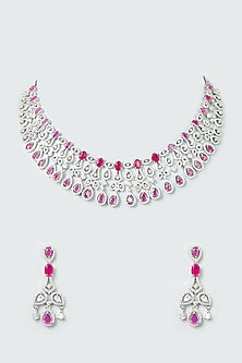 White Finish Zircon & Ruby Synthetic Stone Necklace Set
