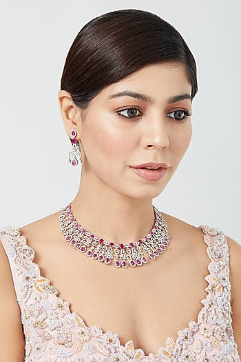 White Finish Zircon & Ruby Synthetic Stone Necklace Set