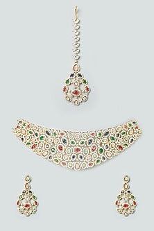 Two Tone Finish Zircon Multi-Colored Stone Necklace Set