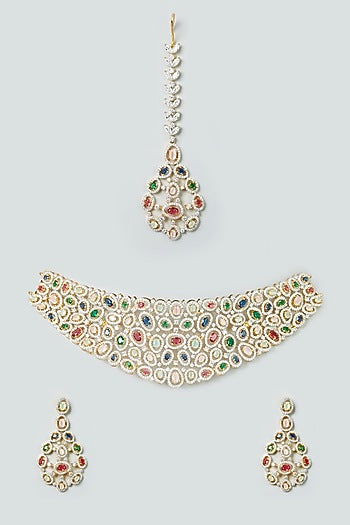 Two Tone Finish Zircon Multi-Colored Stone Necklace Set