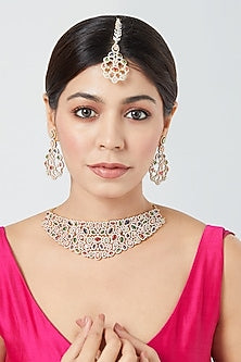 Two Tone Finish Zircon Multi-Colored Stone Necklace Set
