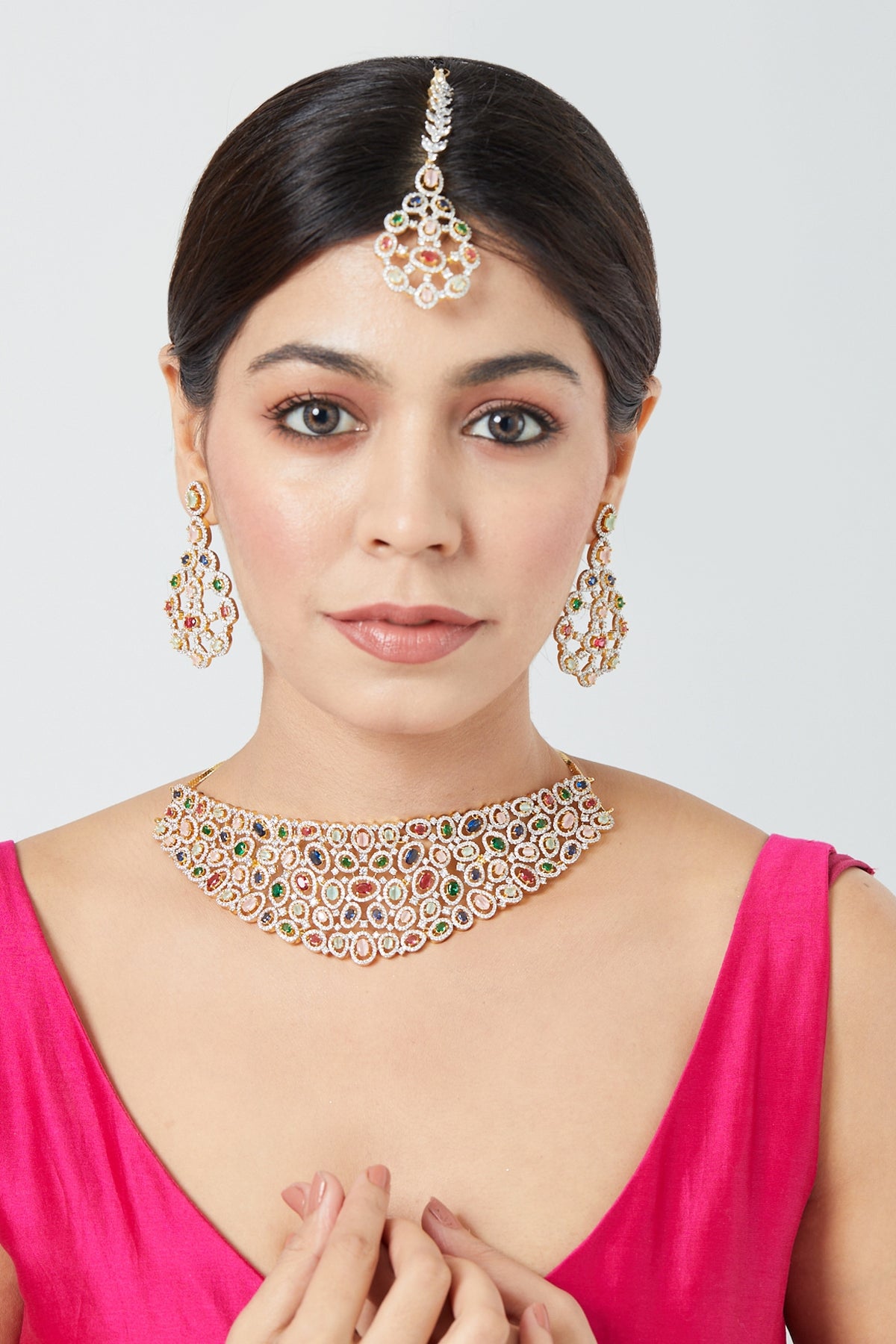 Two Tone Finish Zircon Multi-Colored Stone Necklace Set