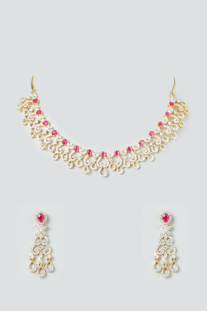 Gold Finish White & Ruby Synthetic Stone Necklace Set