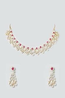 Gold Finish White & Ruby Synthetic Stone Necklace Set