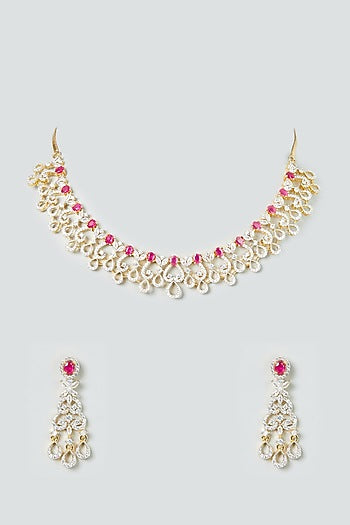 Gold Finish White & Ruby Synthetic Stone Necklace Set