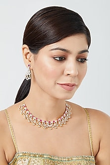 Gold Finish White & Ruby Synthetic Stone Necklace Set