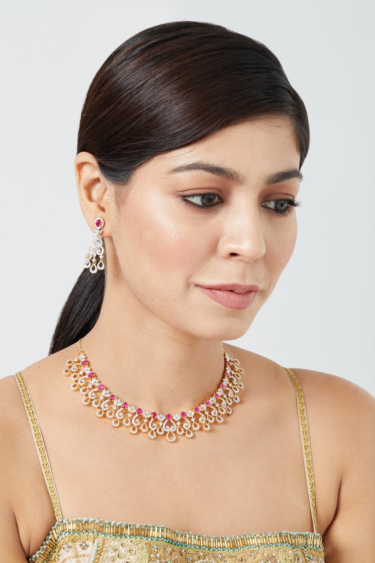 Gold Finish White & Ruby Synthetic Stone Necklace Set