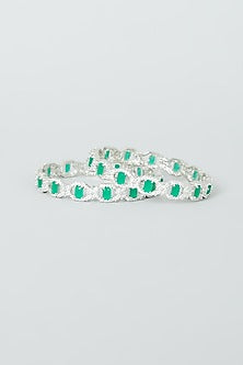 White Finish Emerald Synthetic Stones Bangles (Set of 2)