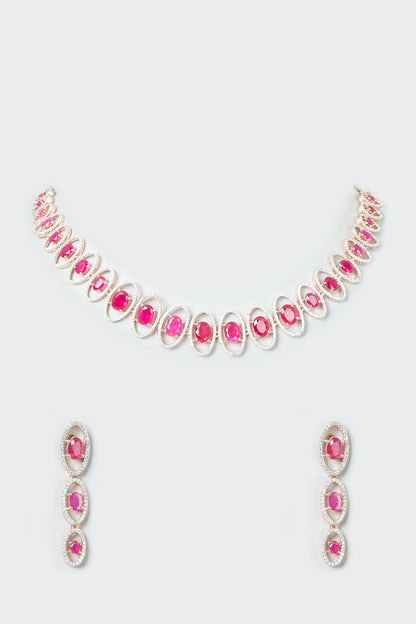 White Finish Ruby Synethic Stone & Zircon Necklace Set