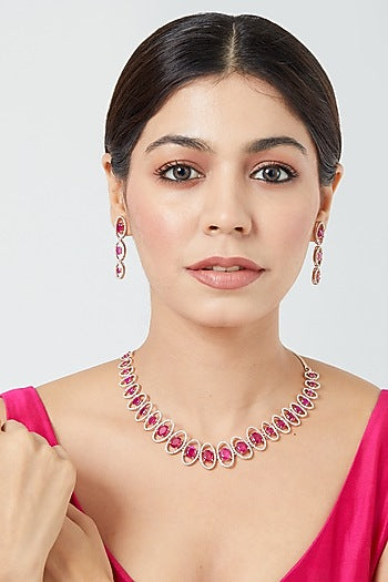 White Finish Ruby Synethic Stone & Zircon Necklace Set