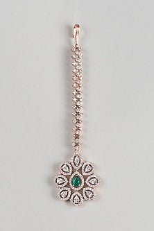 Rose Gold Finish Zircon & Green Stone Maangtikka