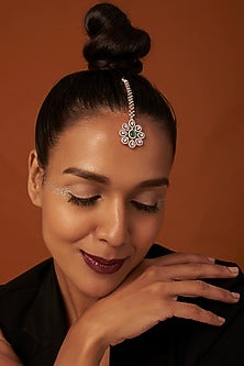 Rose Gold Finish Zircon & Green Stone Maangtikka