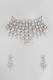 White Finish Zircon & Pearl Choker Necklace Set