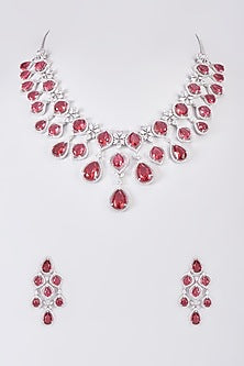 White Finish Zircon & Red Stone Necklace Set