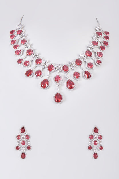 White Finish Zircon & Red Stone Necklace Set