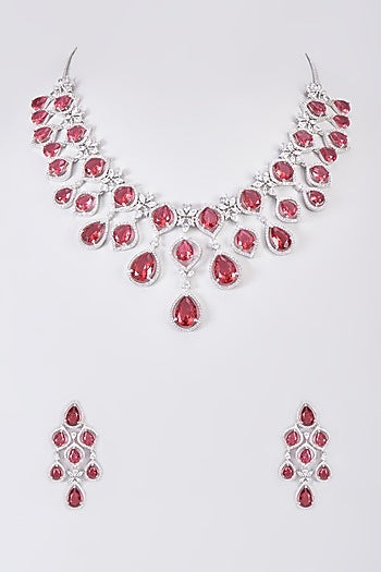 White Finish Zircon & Red Stone Necklace Set
