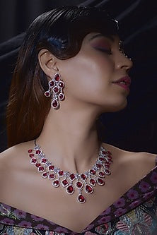 White Finish Zircon & Red Stone Necklace Set